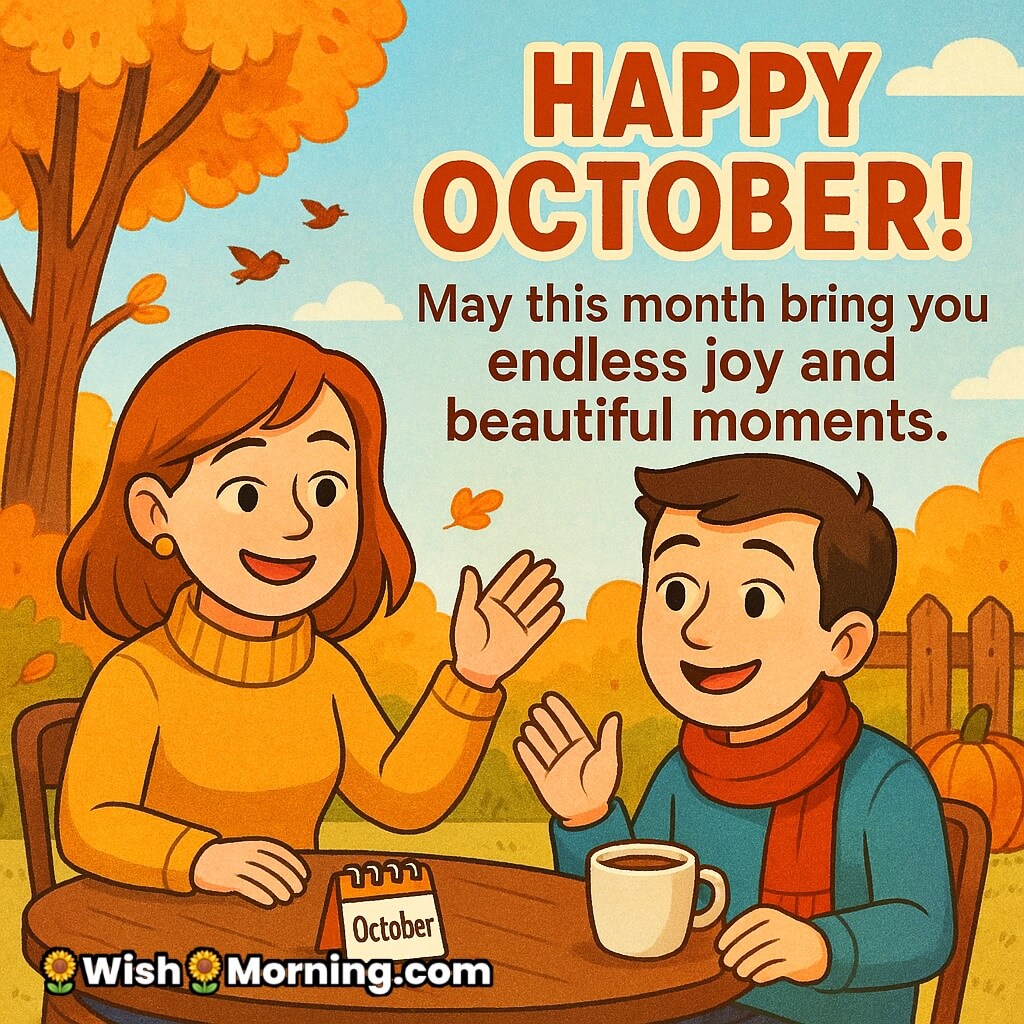 Happy October Month Wish featuring two cheerful cartoon characters in an autumn garden café, symbolizing joy, warmth, and seasonal happiness.
