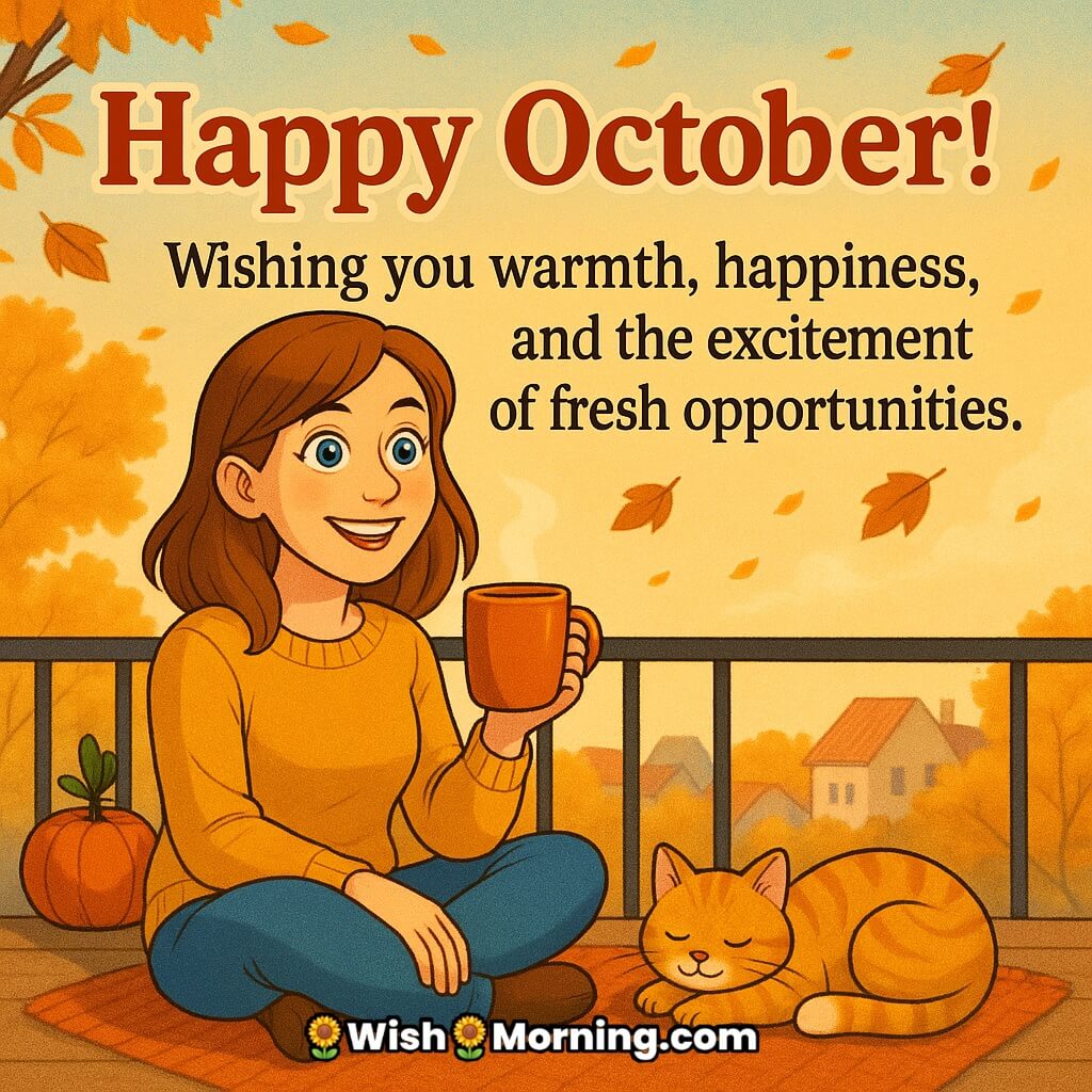 Happy October Month Wish featuring a cheerful cartoon woman enjoying autumn tea on a cozy balcony with falling leaves and a cat, symbolizing warmth, happiness, and fresh opportunities.