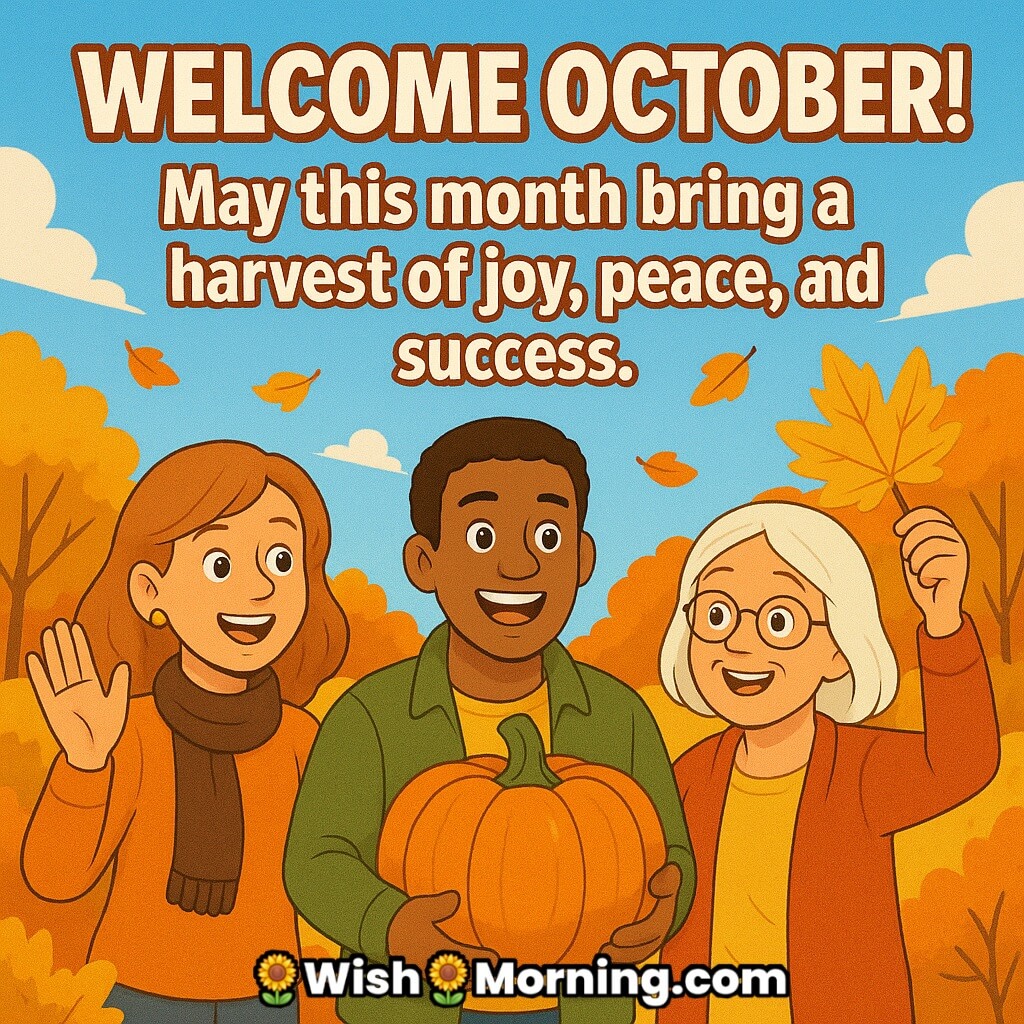 Welcome October image featuring cheerful friends with open expressive eyes holding pumpkin and autumn leaves in a bright colorful fall setting symbolizing joy, peace, and success.