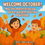 Welcome October message featuring cheerful autumn pumpkin patch scene with joyful characters, symbolizing warmth, peace, and fresh starts.