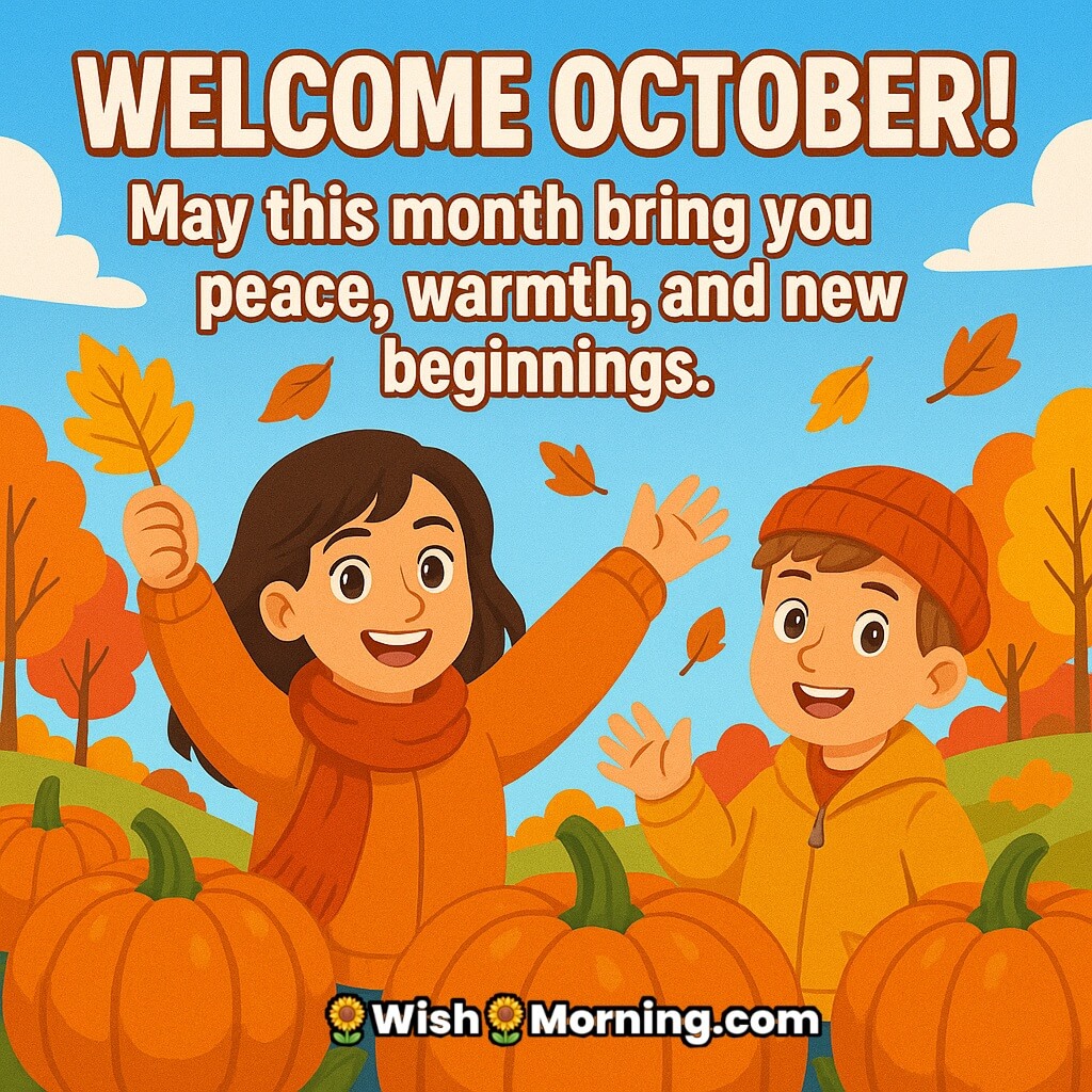 Welcome October message featuring cheerful autumn pumpkin patch scene with joyful characters, symbolizing warmth, peace, and fresh starts.