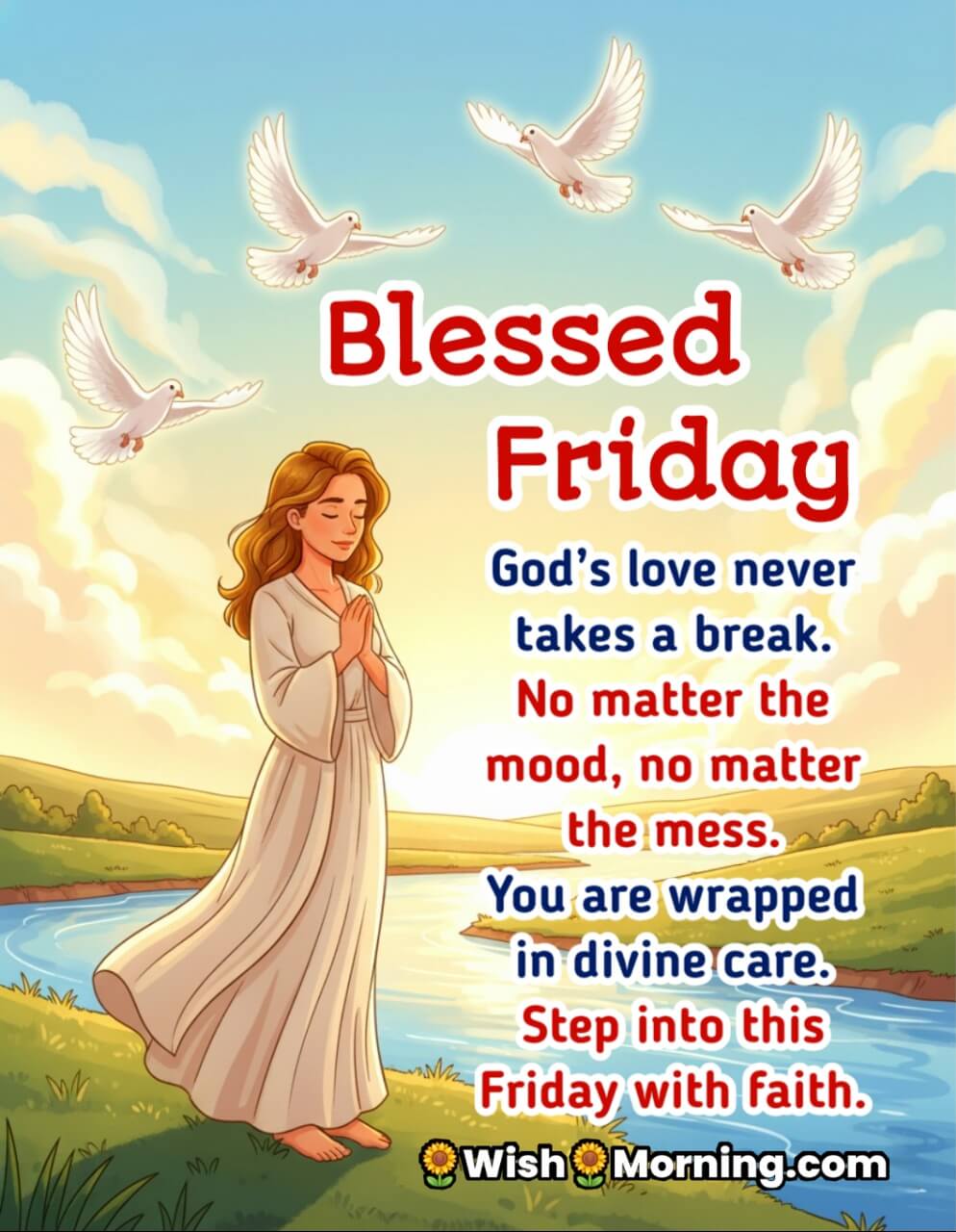 Blessed Friday morning image featuring a woman praying peacefully beside a golden riverside at sunrise, symbolizing divine love, trust, and serenity.