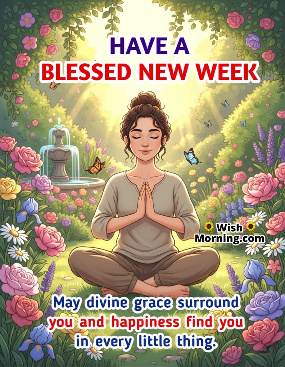 Blessed Peaceful New Week image featuring a person in a flower garden symbolizing gratitude, calmness, and divine blessings.