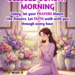 Blessed Sunday Morning image featuring a woman praying near flowers symbolizing faith, devotion, and inner calm.