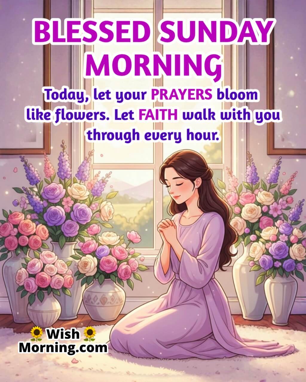Blessed Sunday Morning image featuring a woman praying near flowers symbolizing faith, devotion, and inner calm.