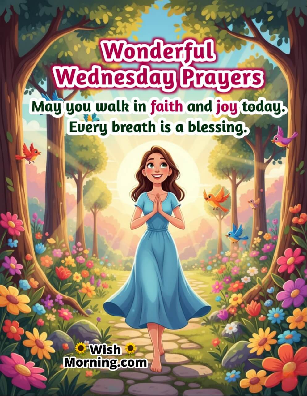 Spiritual Wednesday Blessing image featuring a serene person walking barefoot on a sunrise garden path with open calm eyes, symbolizing faith, gratitude, and divine peace.