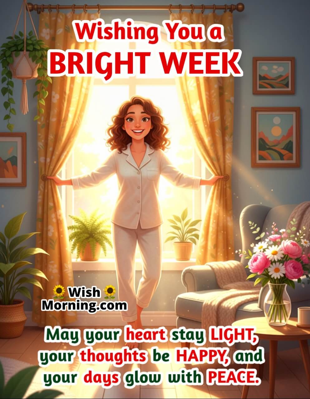 Bright and Positive New Week image featuring a woman welcoming morning sunlight symbolizing happiness, peace, and new beginnings.