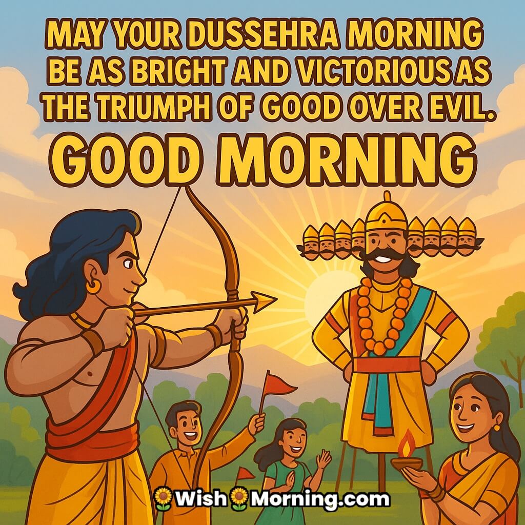 Dussehra Good Morning Wish featuring Lord Rama with bow aiming at Ravana effigy under golden sunrise, symbolizing victory of good over evil.