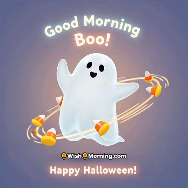 Animated Good Morning and Happy Halloween Sticker GIF where a cute white ghost waves and candies float around, symbolizing fun and innocent festivity.