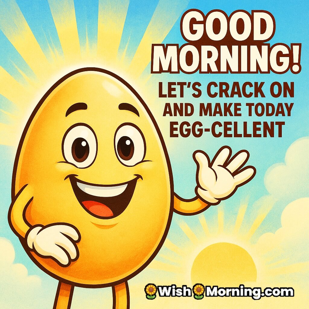 Fun Good Morning egg image of smiling cartoon egg character waving with sunrise background and egg-cellent morning wish.