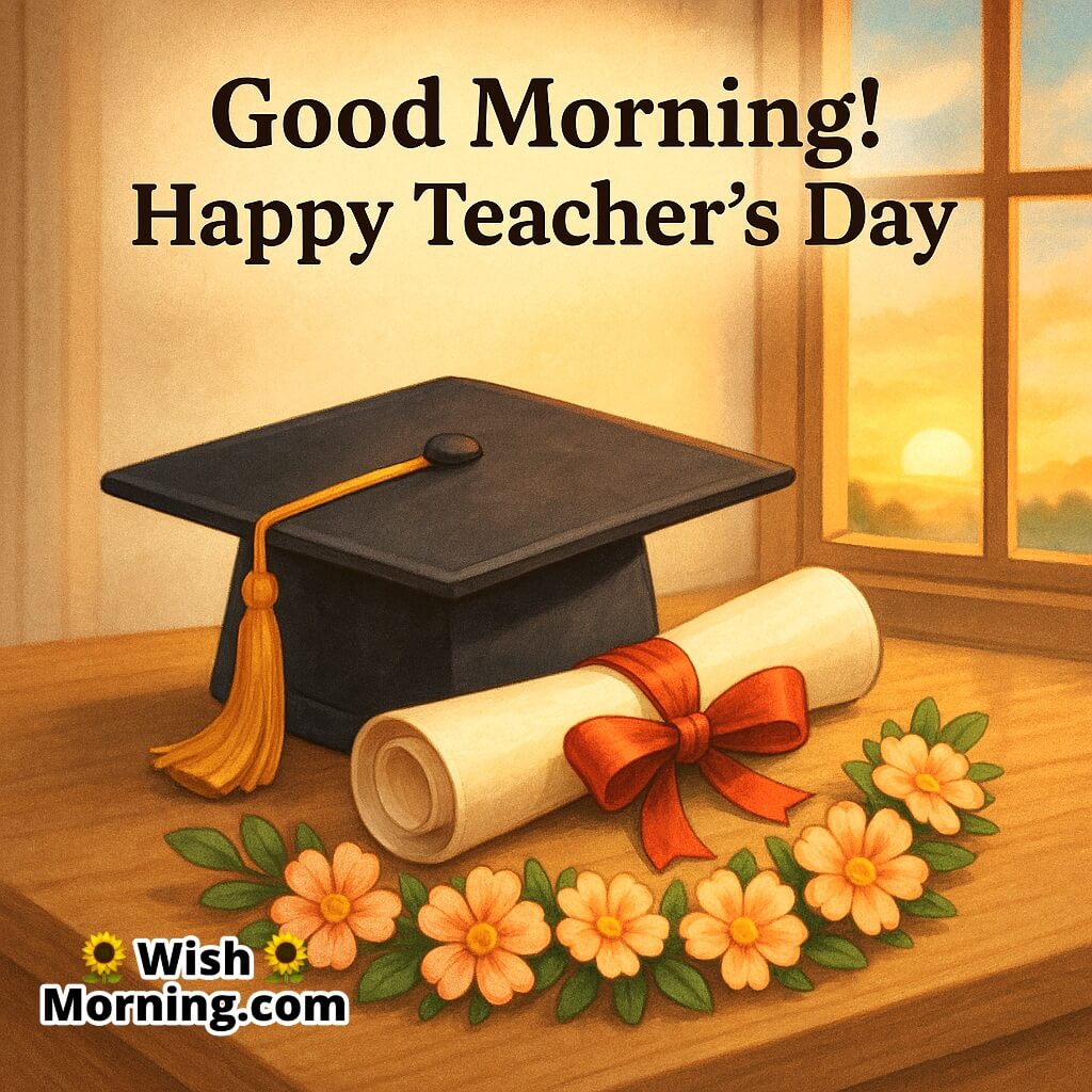 Good Morning Teacher’s Day image featuring a graduation cap, diploma scroll tied with red ribbon, and flower garland on a wooden table near a sunrise window, symbolizing knowledge, respect, and gratitude for teachers.