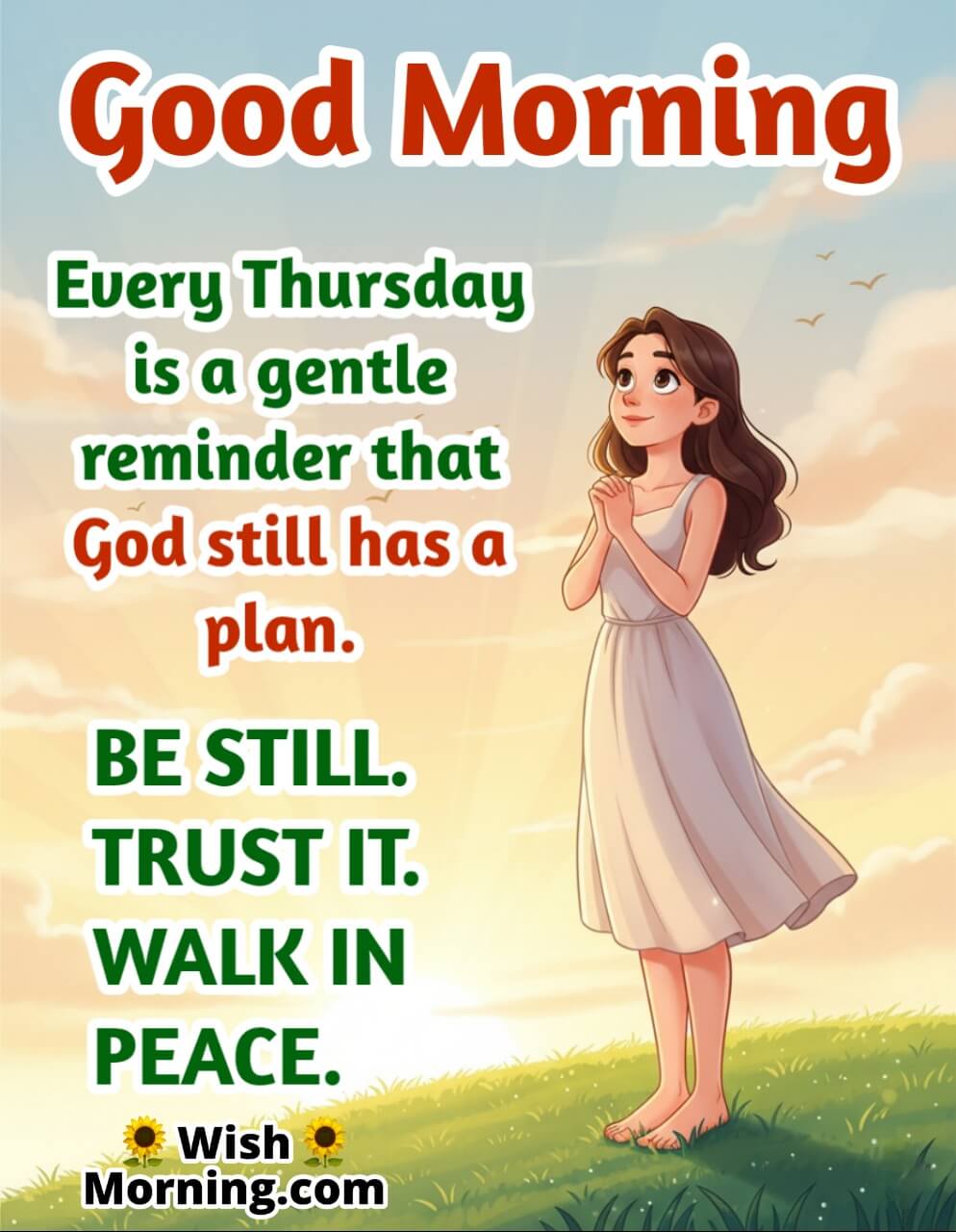Thankful Thursday image featuring a calm man walking near a sunrise temple river, symbolizing faith, trust, and divine serenity.