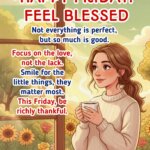Fantastic Friday Feel Blessed image featuring a woman enjoying morning sunlight with a cup of coffee, symbolizing gratitude and appreciation for life’s blessings.