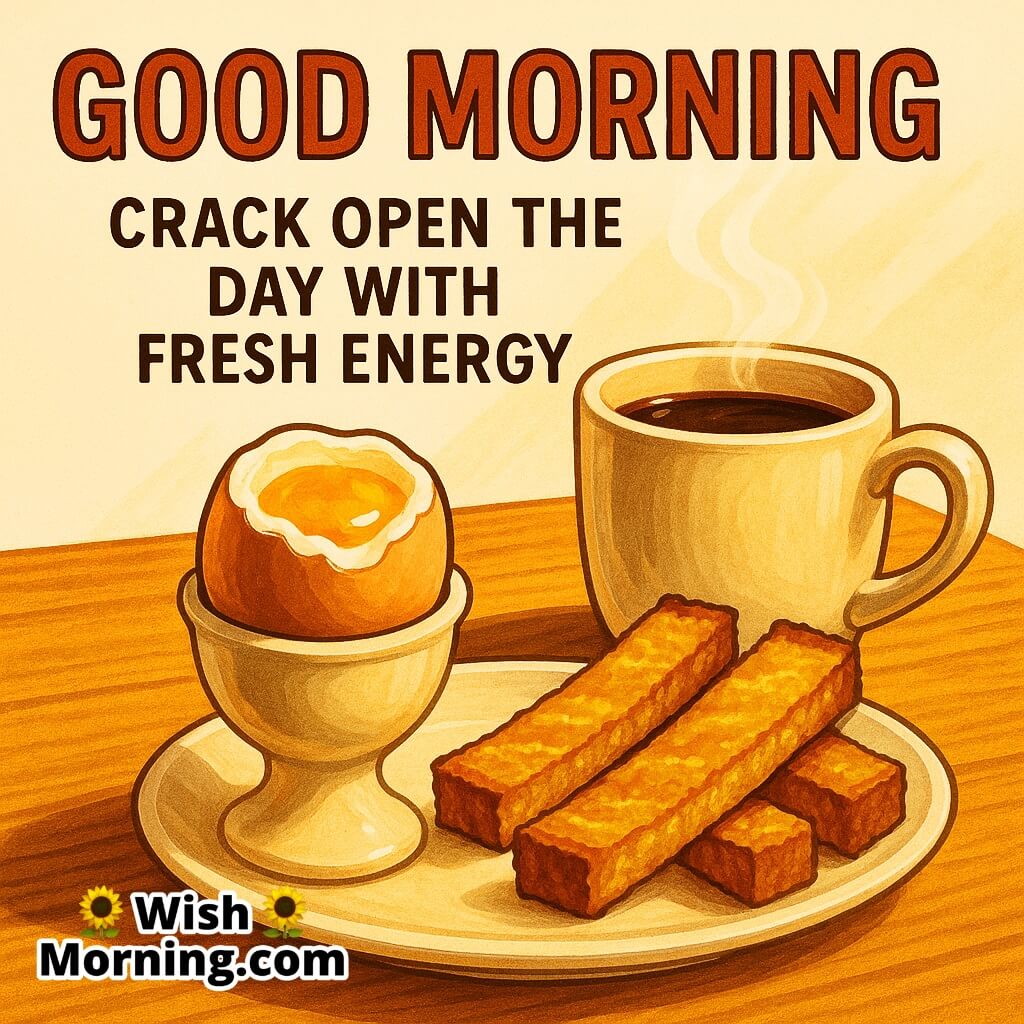 Cheerful Good Morning image of a boiled egg in egg cup with toast soldiers and coffee, cozy morning light, crack open the day quote.