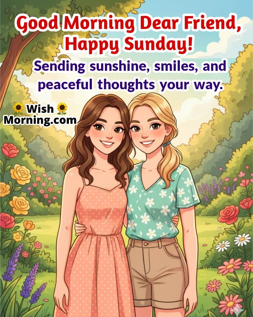 Good Morning Dear Friend Happy Sunday image featuring two friends smiling in a sunlit garden symbolizing warmth and friendship.
