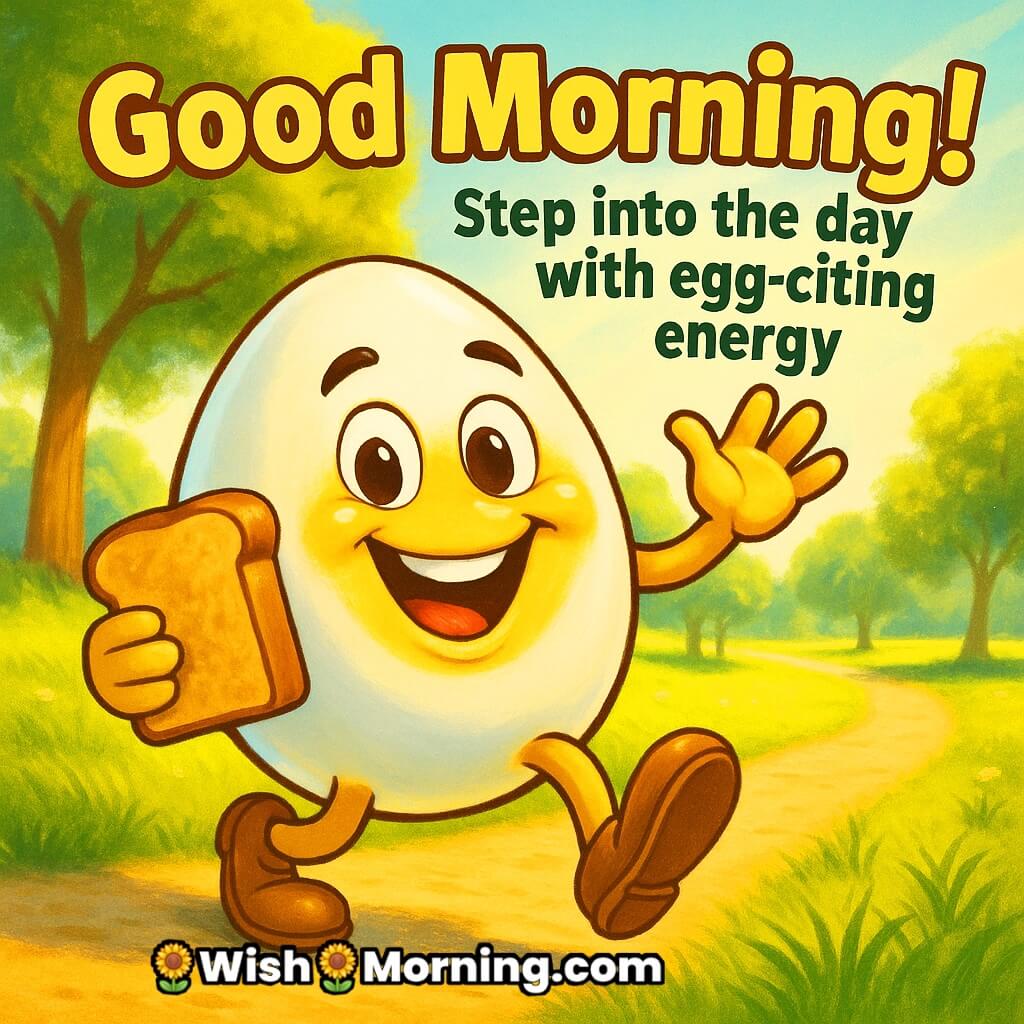 Cheerful Good Morning egg with arms and legs walking joyfully holding toast, sunny park background, egg-citing energy quote.