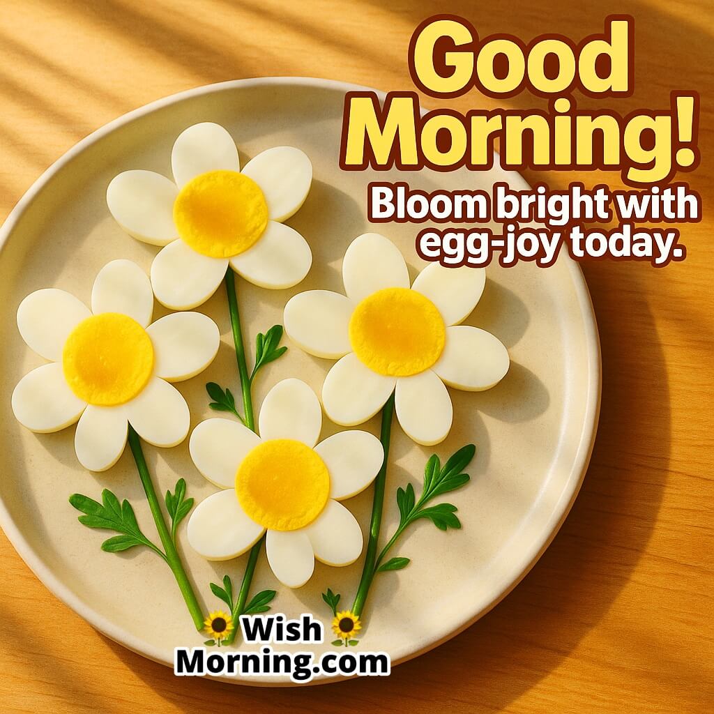 Creative Good Morning egg flower art made of boiled eggs as petals with herbs as stems, morning rays, bloom bright egg-joy quote.