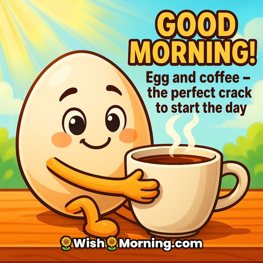Cute Good Morning egg hugging a steaming coffee cup on breakfast table, bright morning rays, crack to start the day quote.