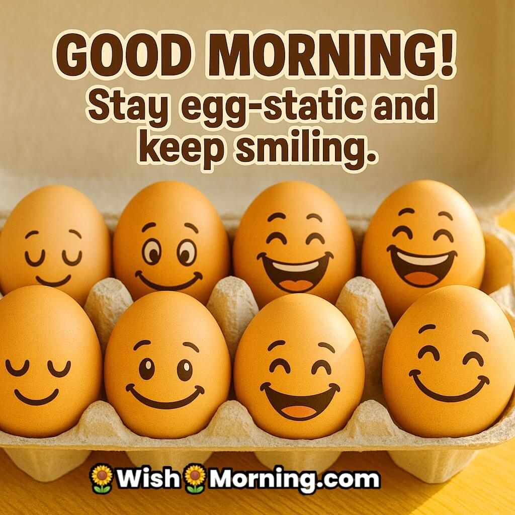 Good Morning carton of eggs with happy, sleepy, smiling faces, playful morning light, egg-static funny morning quote.