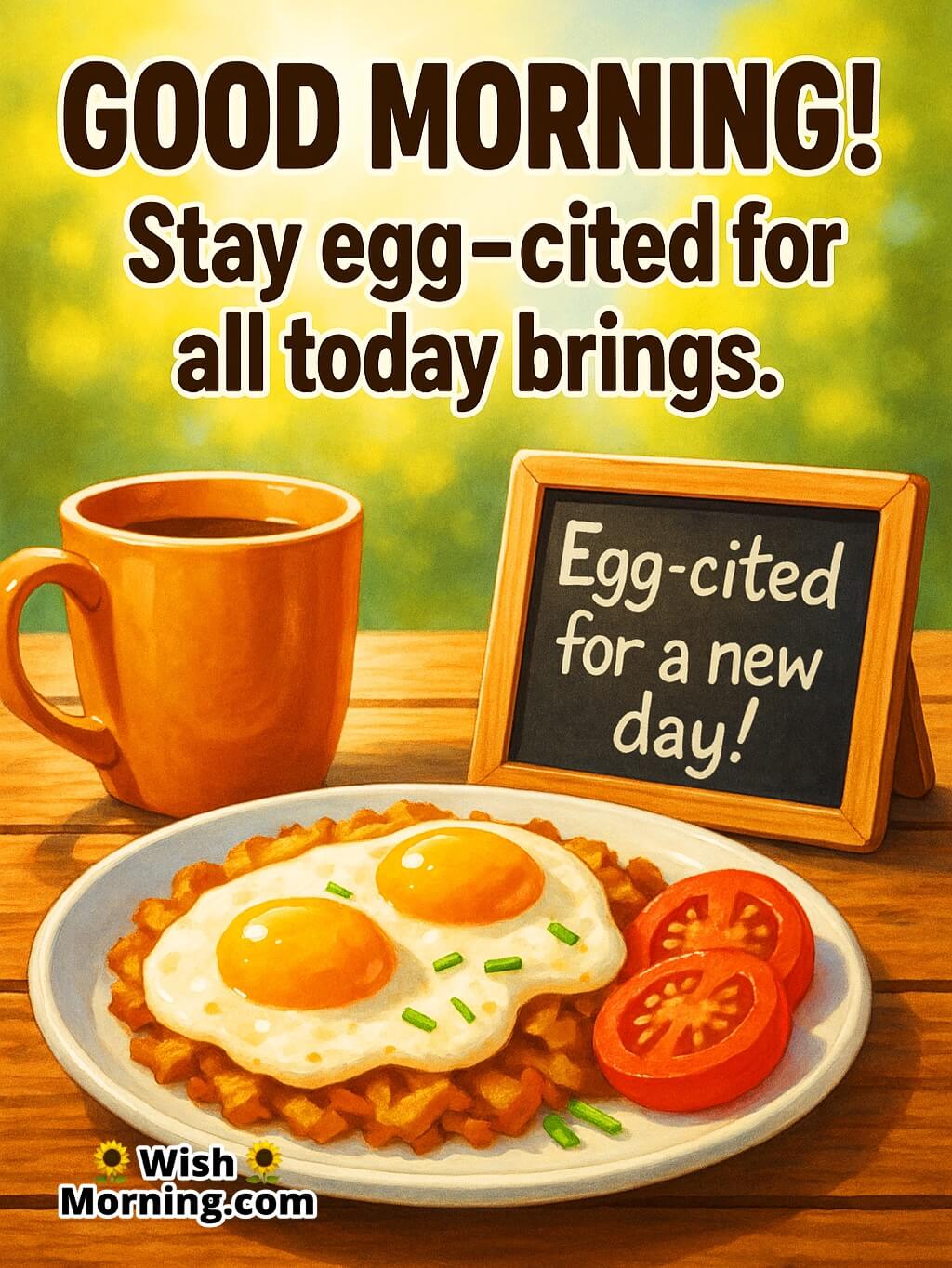 Good Morning egg image with rustic breakfast table, egg dish, chalkboard message egg-cited for new day, cheerful morning vibe.