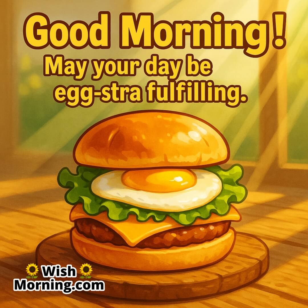 Good Morning egg sandwich with fried egg, cheese, lettuce on rustic table, soft rays, egg-stra fulfilling morning wish quote.