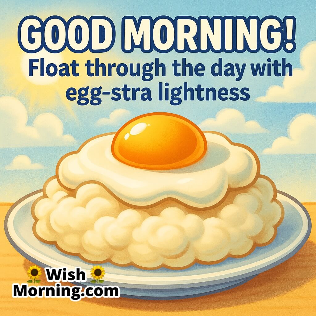 Good Morning image of sunny-side-up egg placed on fluffy mashed potato clouds, dreamy sunlight glow, egg-stra lightness quote.
