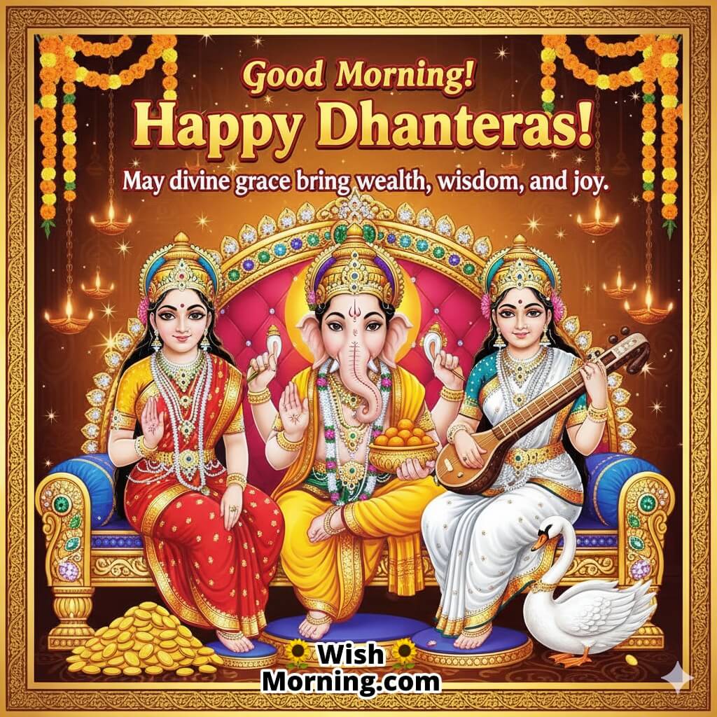Good Morning Happy Dhanteras Image featuring Maa Lakshmi, Lord Ganesha, and Maa Saraswati seated on a golden throne, symbolizing wisdom, wealth, and harmony.