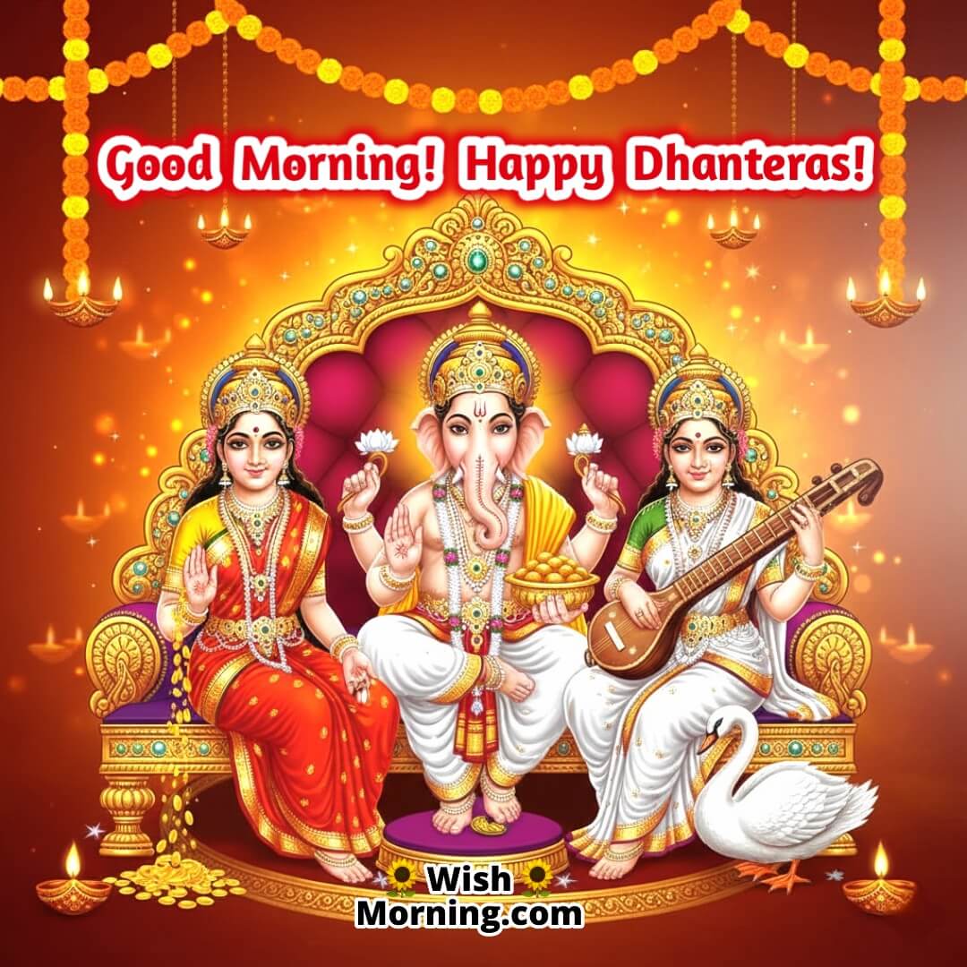 Good Morning Happy Dhanteras Ganesha, Lakshmi, Saraswati Image