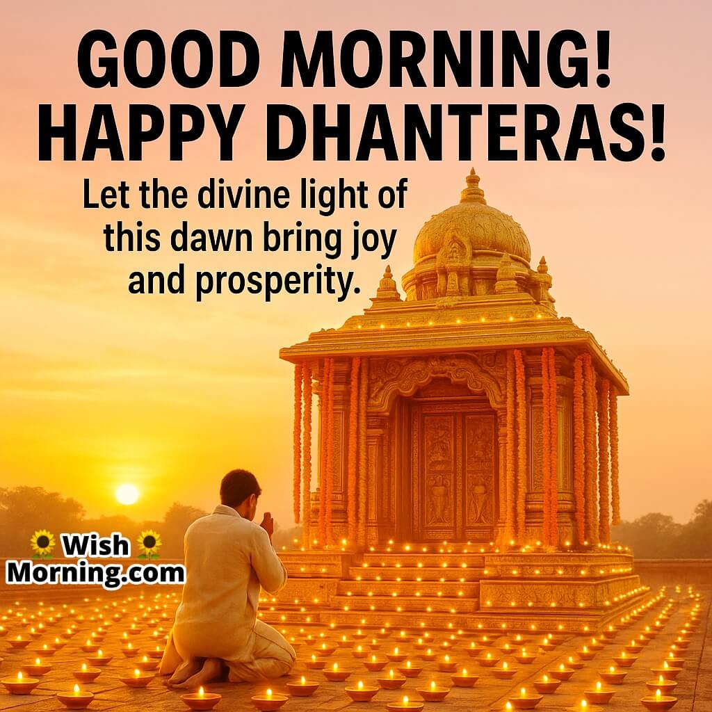 Good Morning Happy Dhanteras Image with Temple and Sunrise Light