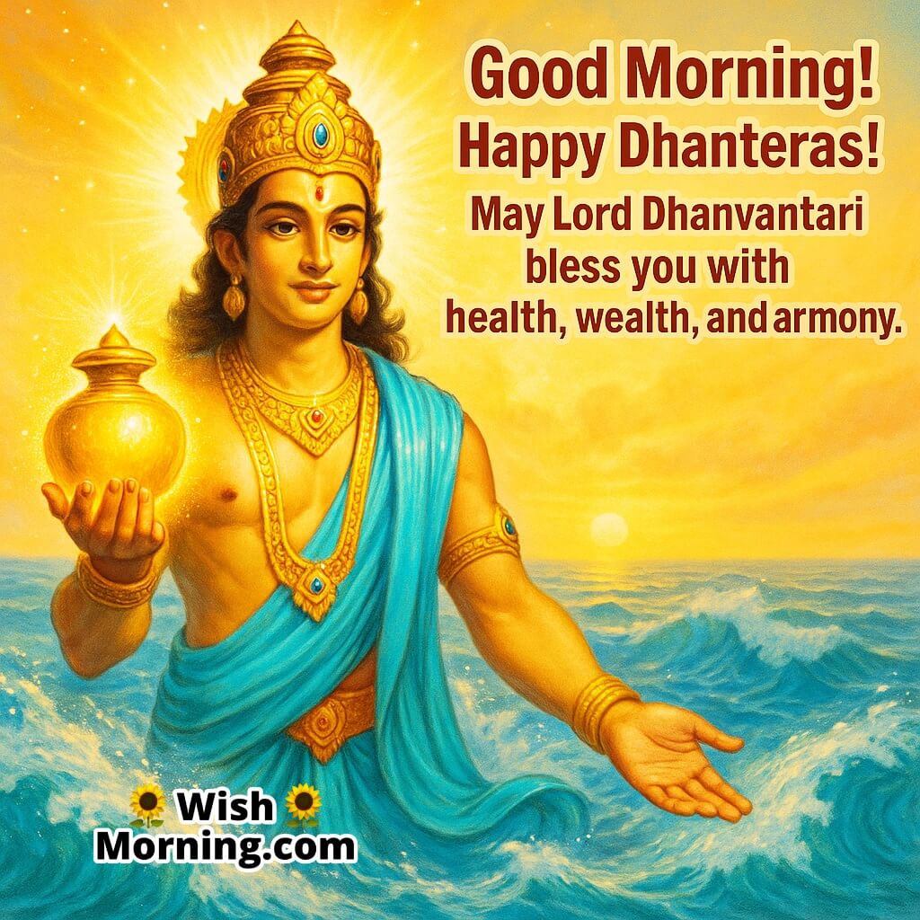 Good Morning Happy Dhanteras Image featuring Lord Dhanvantari holding the Amrit Kalash, symbolizing health, wealth, and divine grace.