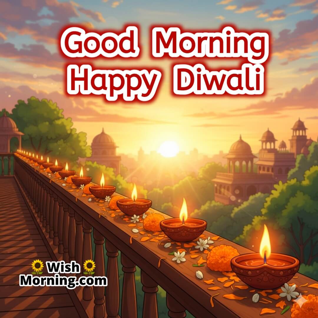 Good Morning Happy Diwali Diyas At Sunrise