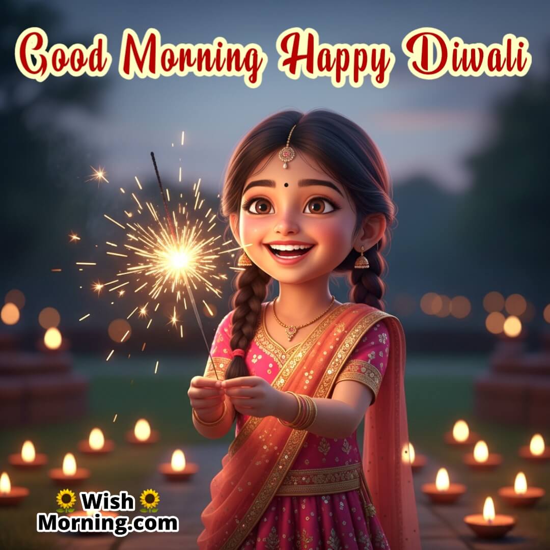 Good Morning Happy Diwali image featuring a happy girl holding a sparkler with glowing diyas behind, symbolizing innocence, sparkle, and festive light.