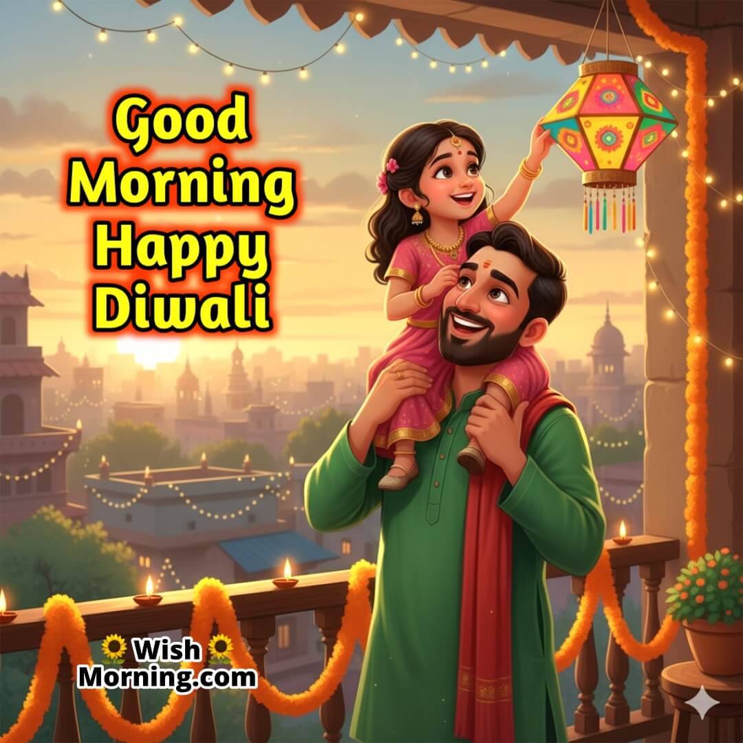 Good Morning Happy Diwali image featuring a smiling father lifting his daughter to hang a vibrant Diwali lantern, symbolizing bonding, celebration, and morning cheer.