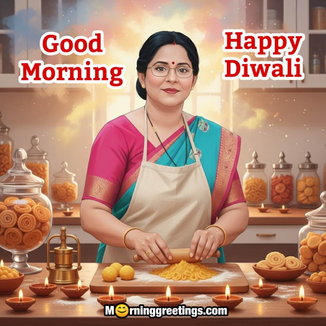 Good Morning Happy Diwali image featuring a smiling woman preparing festive sweets in a warm kitchen, symbolizing preparation, love, and celebration.