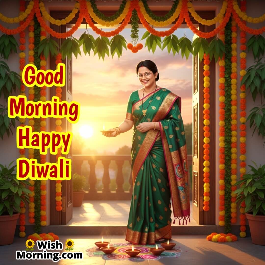 Good Morning Happy Diwali Woman Lit Diya Sunrise