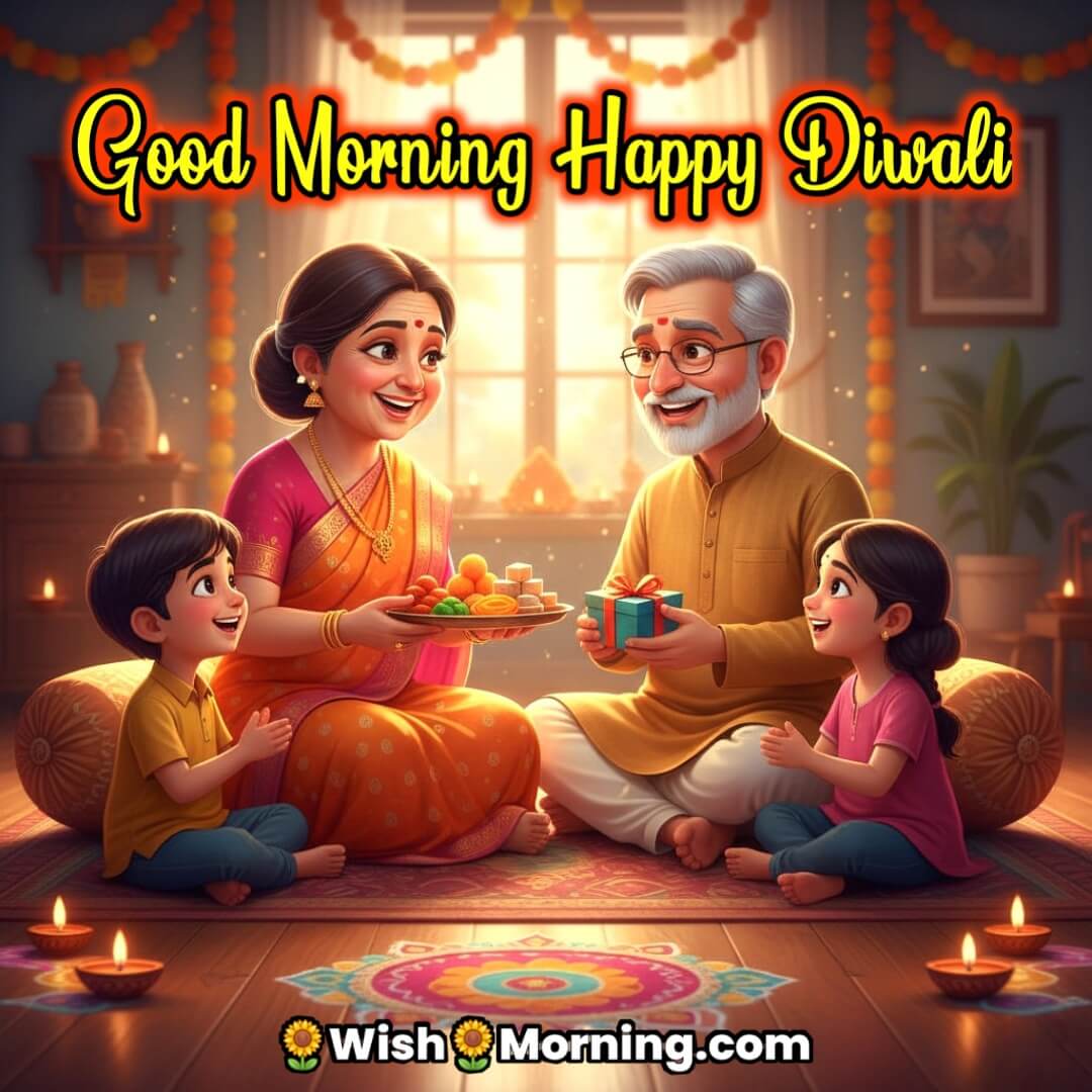 Good Morning Happy Diwali image featuring grandparents joyfully gifting sweets and presents to kids, symbolizing family love and festive blessings.