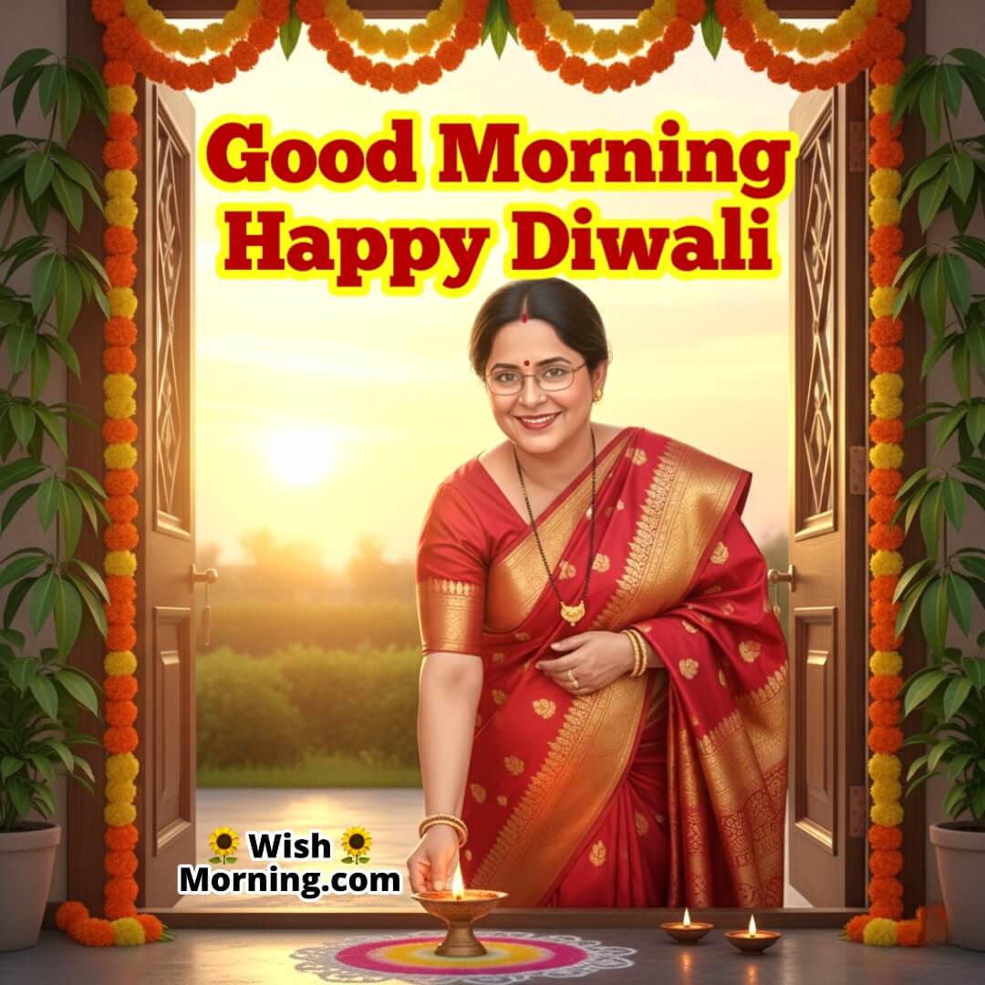 Good Morning Happy Diwali image featuring a cheerful Indian mother lighting the first diya at the doorway during sunrise, symbolizing new beginnings and festive warmth.