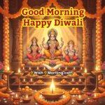 Good Morning Happy Diwali image featuring a decorated home temple with idols, diyas, and flowers, symbolizing divine devotion and morning serenity.