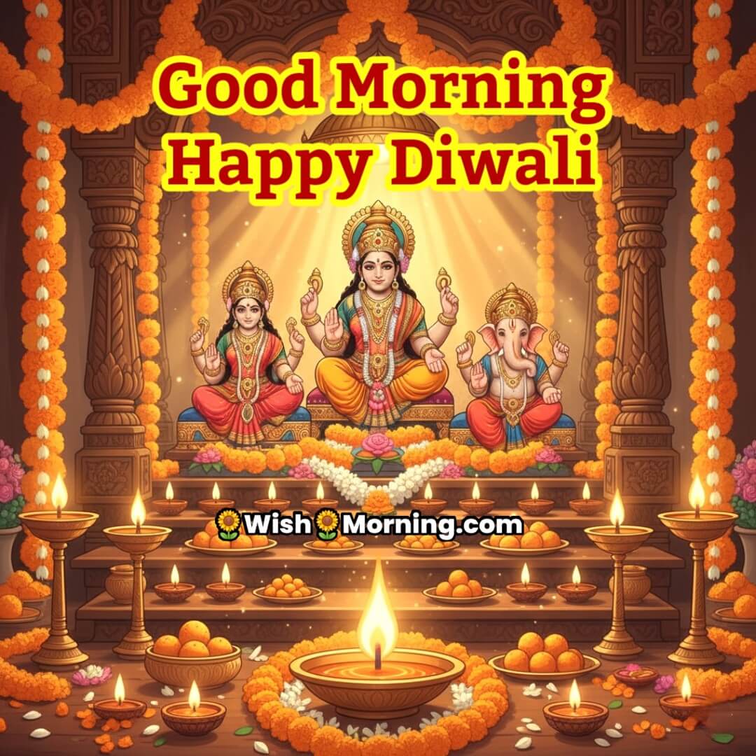 Good Morning Happy Diwali image featuring a decorated home temple with idols, diyas, and flowers, symbolizing divine devotion and morning serenity.