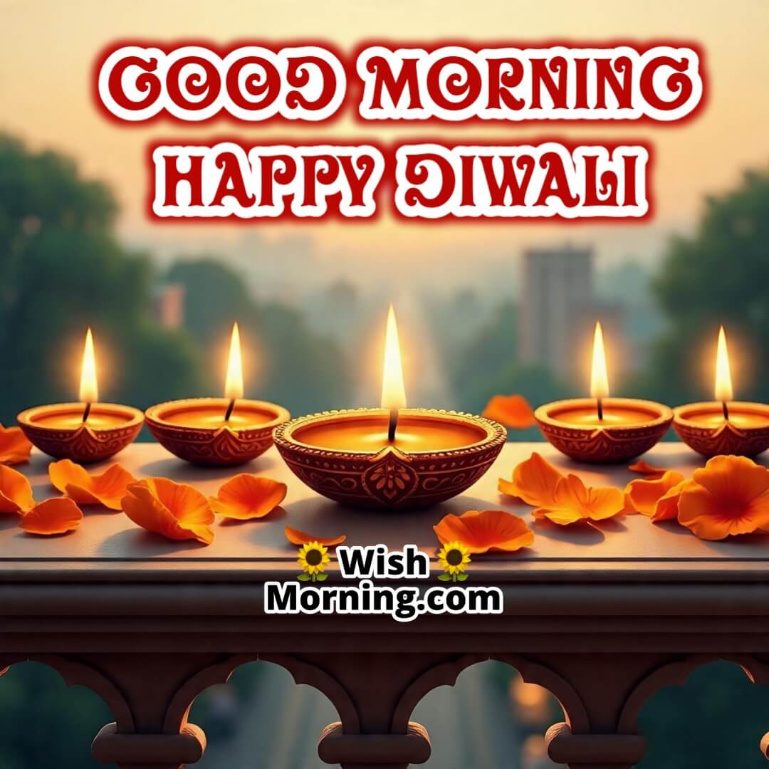 Good Morning Happy Diwali image featuring glowing diyas on a windowsill in early light, symbolizing peaceful reflection and hope.