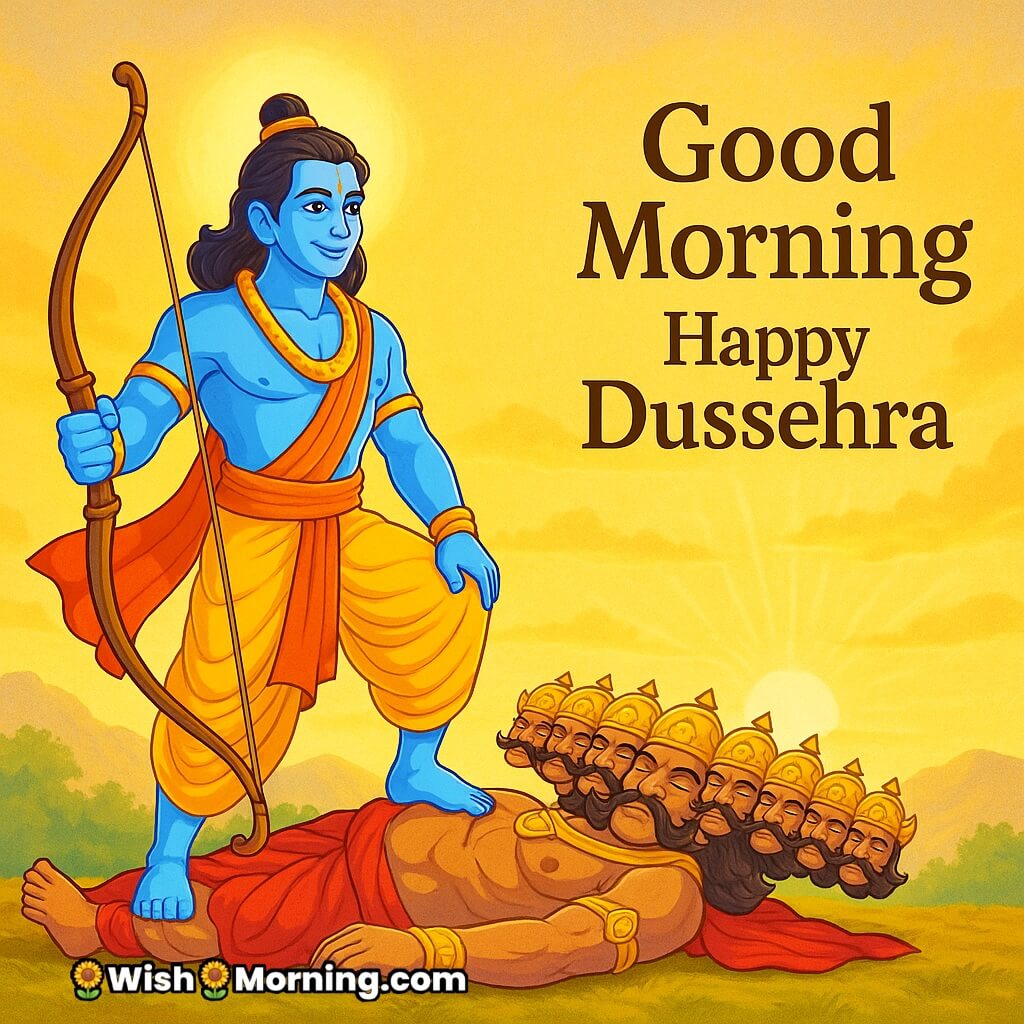 Good Morning Happy Dussehra image featuring Lord Rama standing victorious over Ravana with a sunrise background, symbolizing the triumph of good over evil.