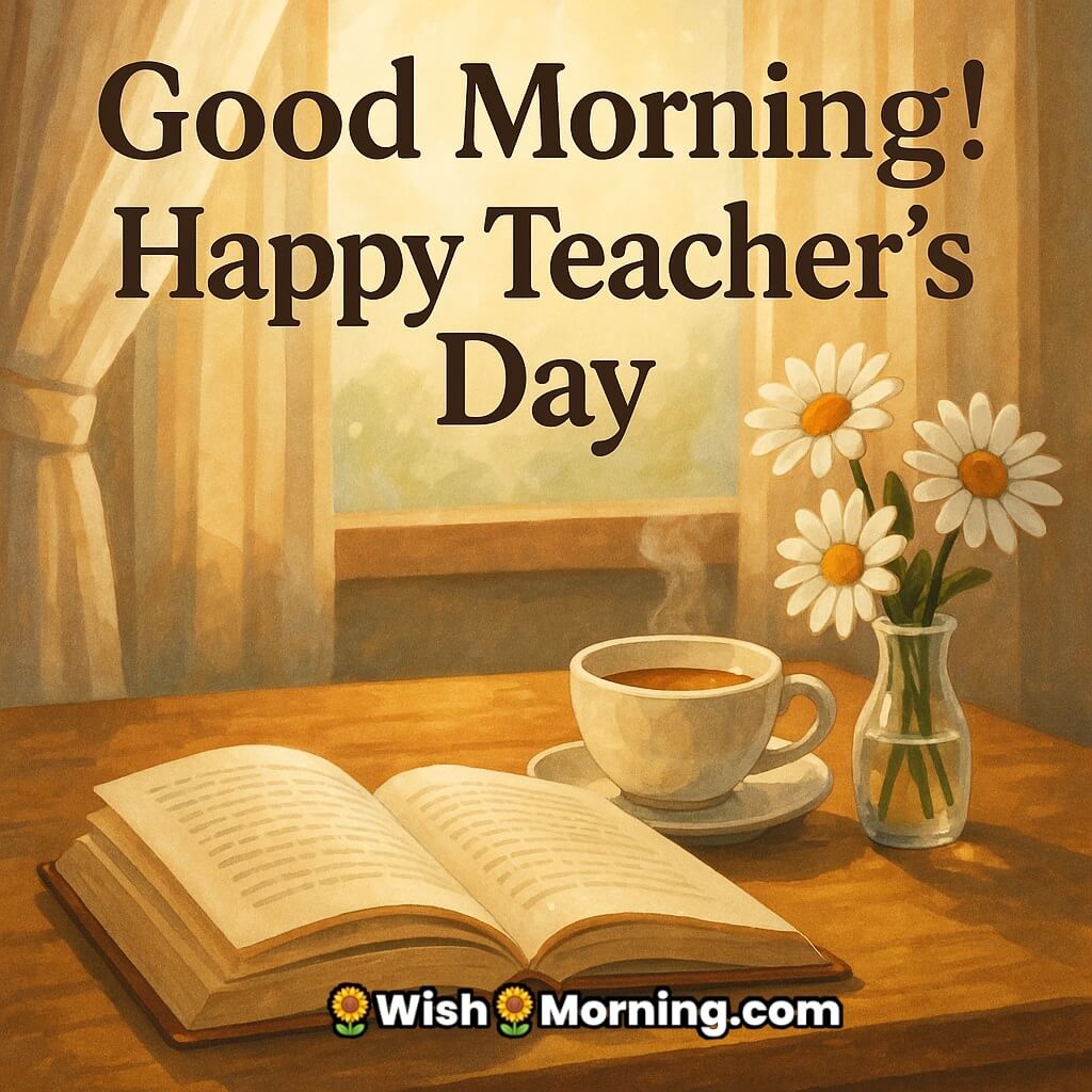 Good Morning Happy Teacher’s Day image featuring an open book, teacup, and vase of daisies on a wooden table under warm morning sunlight, symbolizing gratitude and respect for teachers.