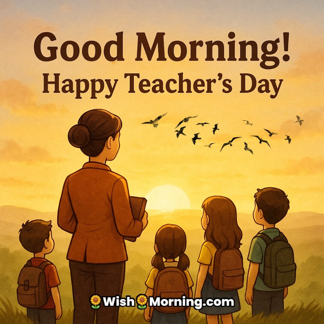 Good Morning Happy Teacher’s Day image featuring a teacher holding a book with students watching the sunrise on a hill, symbolizing guidance, learning, and new beginnings.