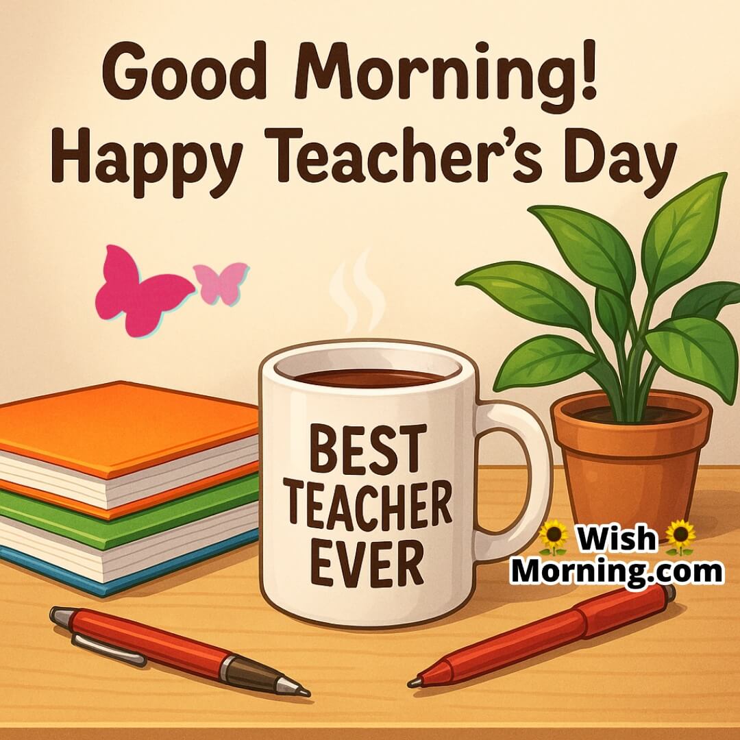 Teacher’s Day image featuring a coffee mug labeled Best Teacher Ever on a wooden desk with colorful notebooks, a red pen, and a potted plant, symbolizing appreciation and gratitude for teachers.