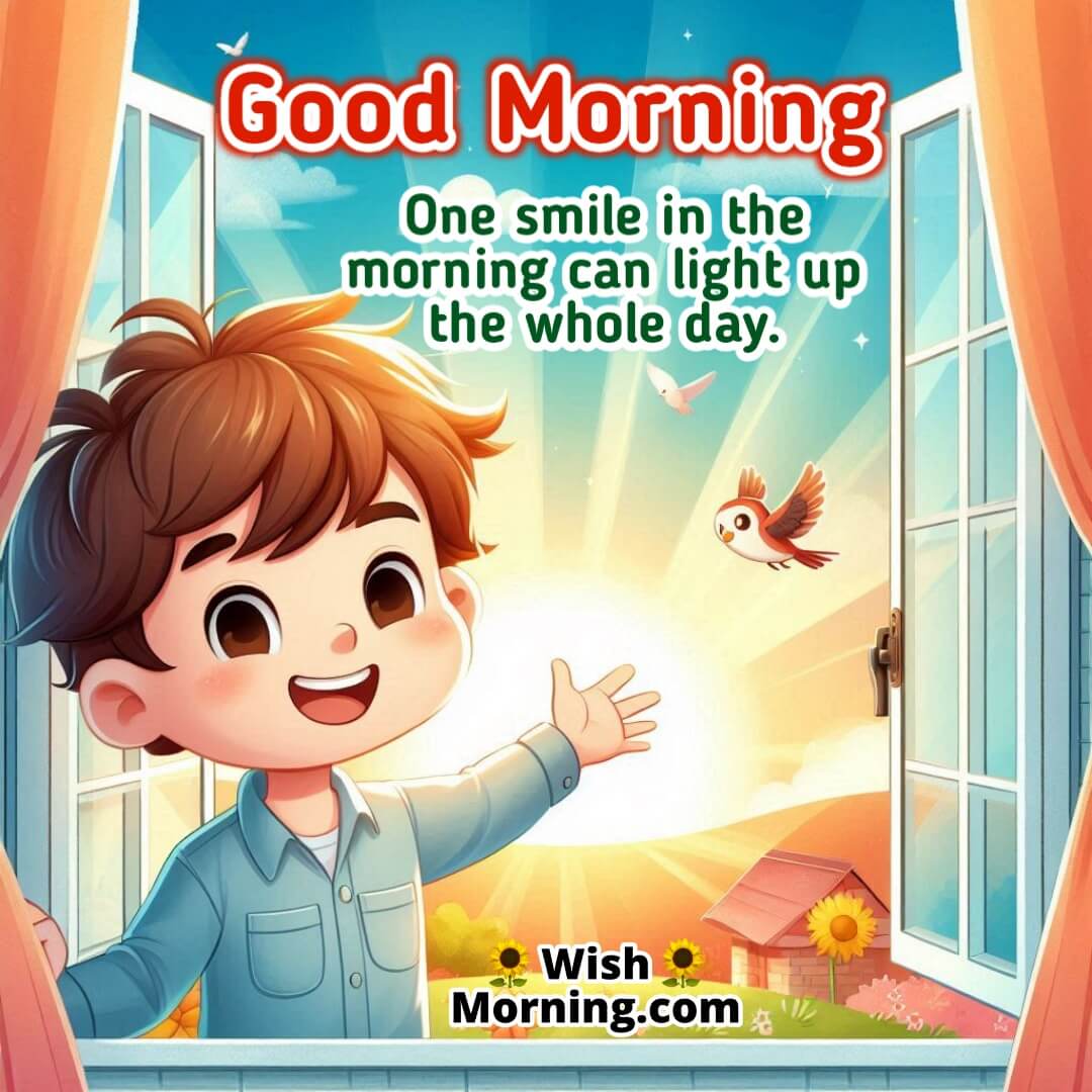 Morning image of a boy smiling brightly while opening a window with birds flying outside — symbolizing joy and a fresh start.