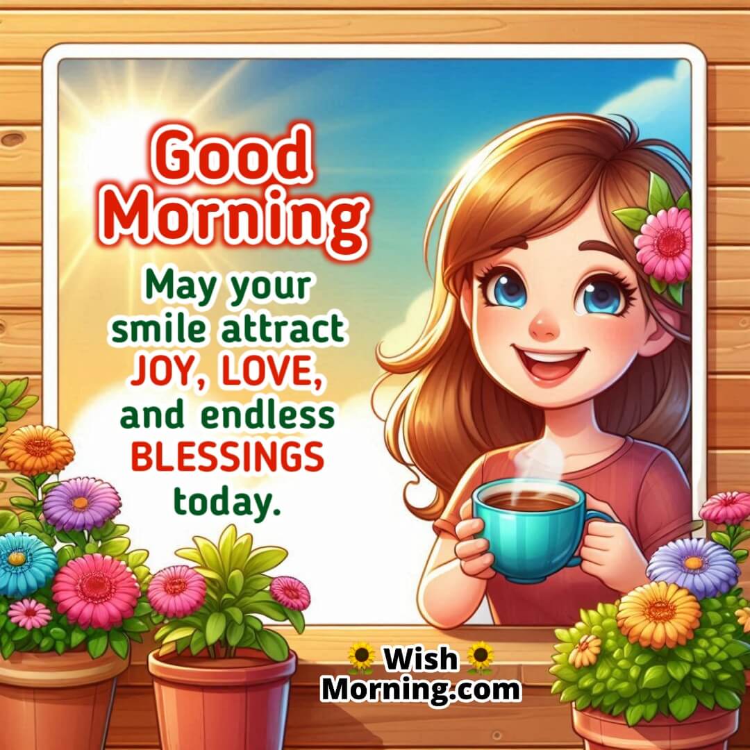 Morning image of a smiling woman holding a cup of tea on her balcony with flower pots and sunlight — symbolizing joy and blessings.