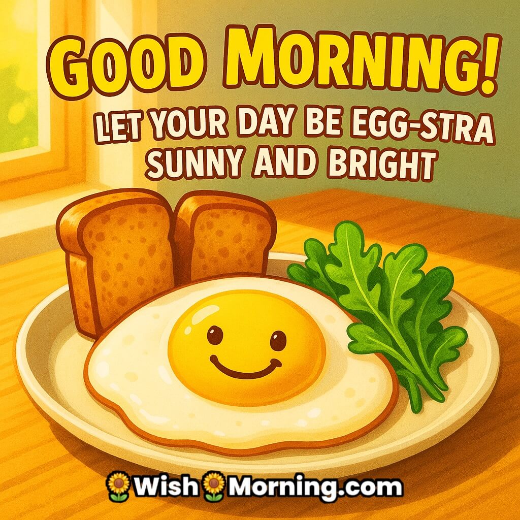 Good Morning egg image of a sunny-side-up styled like a smiling face with toast and greens, bright morning light, egg-stra sunny quote.