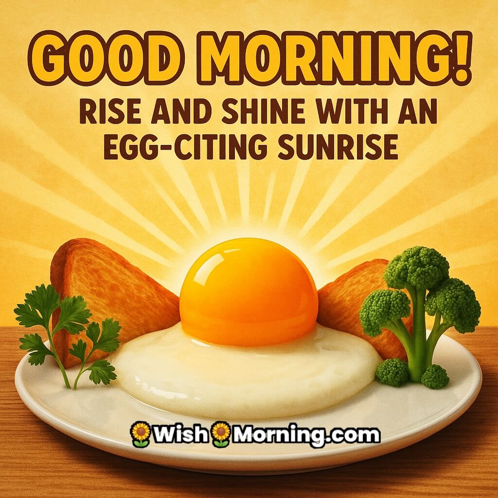 Good Morning egg yolk styled as sunrise over toast hills and greens trees, golden rays shining, egg-citing shine morning wish.