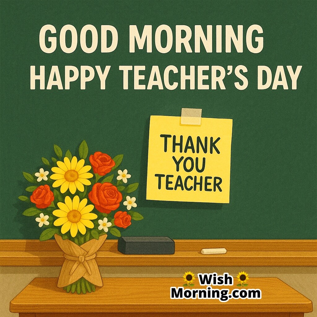 Good Morning Teacher’s Day Greeting featuring a chalkboard with a sticky note reading Thank You Teacher, a wooden desk decorated with a colorful flower bouquet, symbolizing gratitude and respect for teachers.