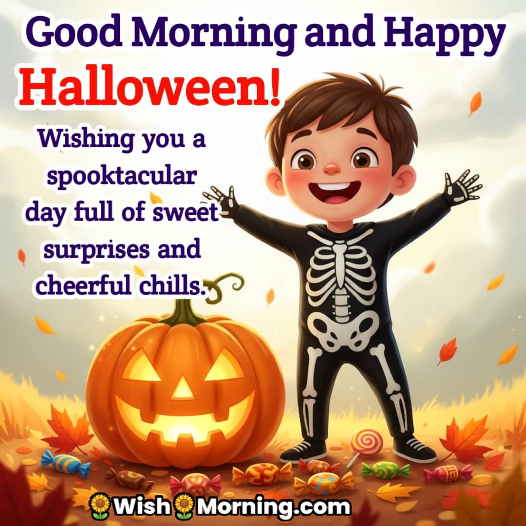 Good Morning and Happy Halloween image featuring a boy in skeleton costume with jack-o’-lantern and candy, symbolizing sweetness and joyful spooky vibes.